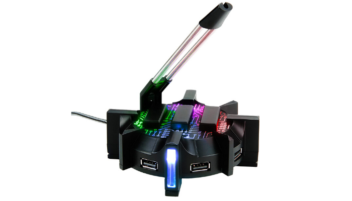 round black mouse bungee lit by multicolored lights and a clear rod