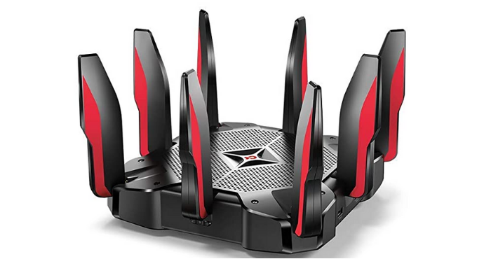 black wireless router with red accents, encircled with antennae