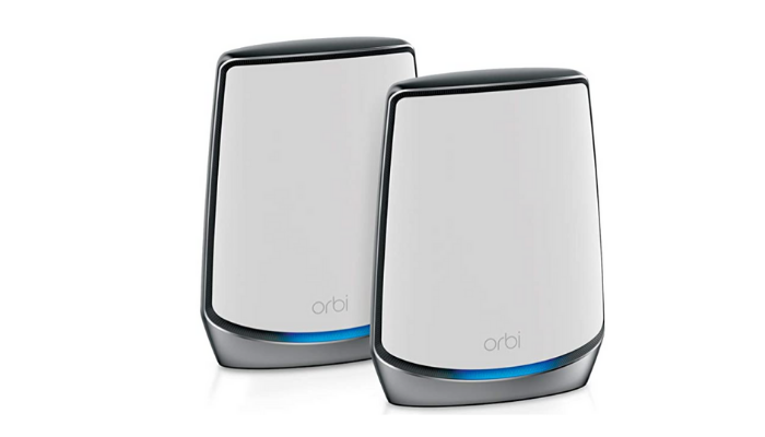 two upright white and gray Orbi routers side by side