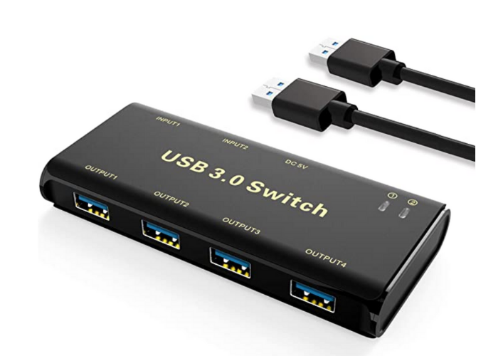 black rectangular USB switch with a matching USB cord