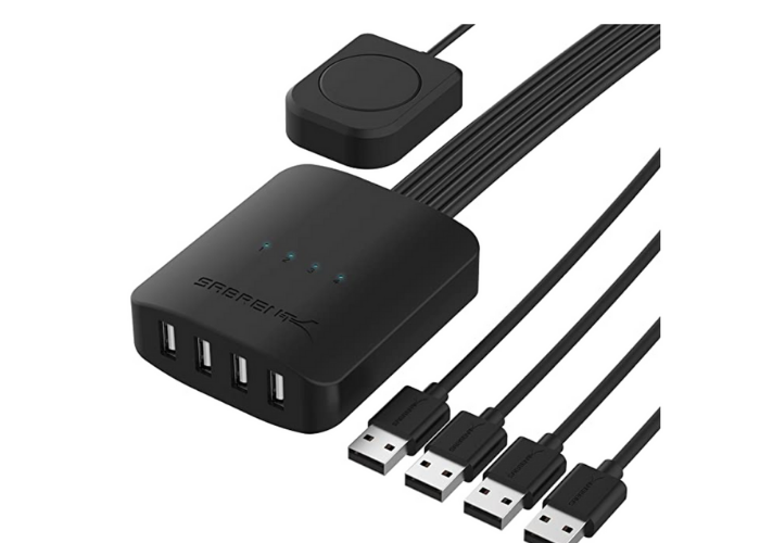 black square-shaped USB switch with two black USB cables