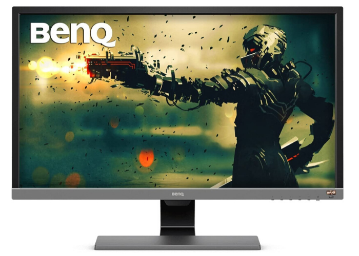 dark and light gray gaming monitor on a rectangular stand