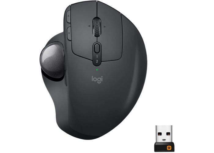 black wireless laptop mouse with an ergonomic design and a gray scrolling ball