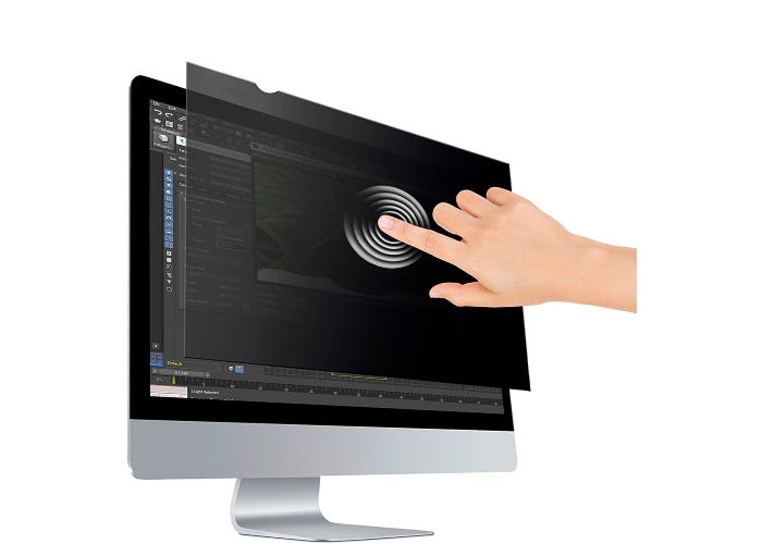 person touching a computer monitor through a black privacy screen