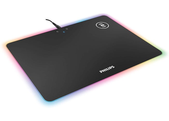 wired black charging pad outlined with rainbow lighting