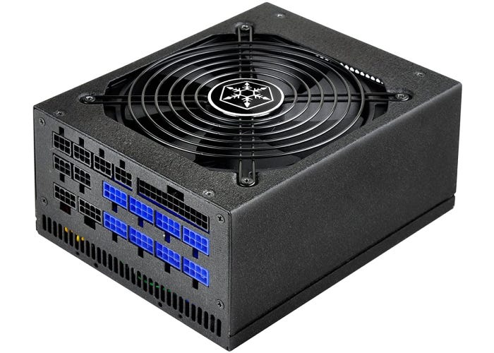 black PC power supply unit with black and blue ports