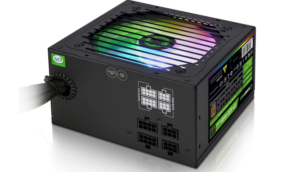 dark gray PSU with a rainbow light fan