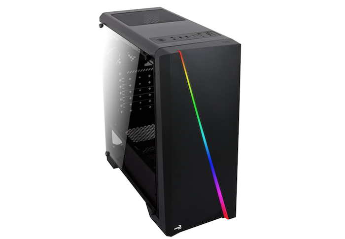 a black RGB case with a diagonal rainbow lighting stripe