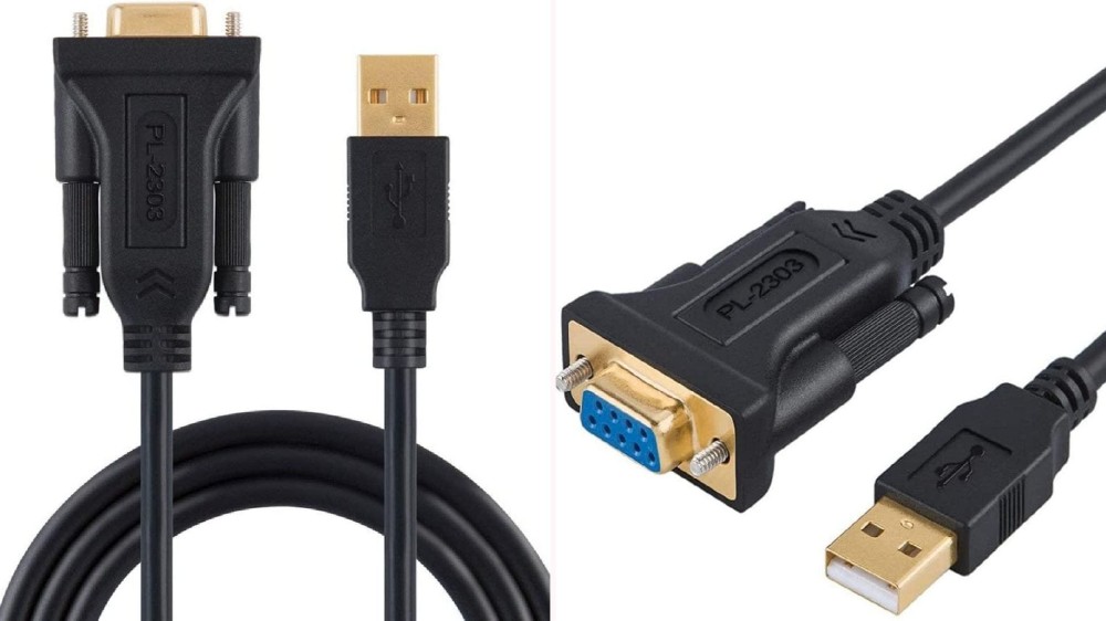 top-side view of USB-to-serial adapter; close-up of USB-to-serial connectors.