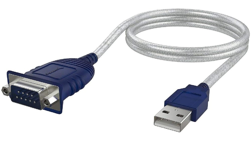 USB-to-serial adapter in a coiled position.