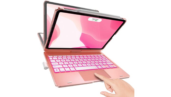 an iPad in a pink adjustable case with a built-in keyboard