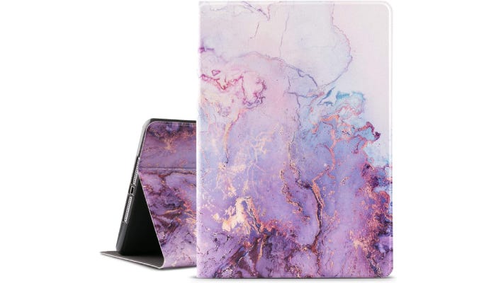 A purple iPad case with a marble design is shown against a white background.