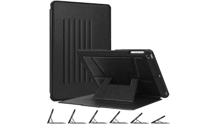 A black iPad case with a kickstand is shown open and closed against a white background. On the bottom, the kickstand is shown at six different angles.