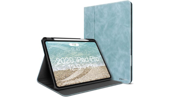 view of the front of a blue leather iPad case and view of the device standing up with the case folded to support it