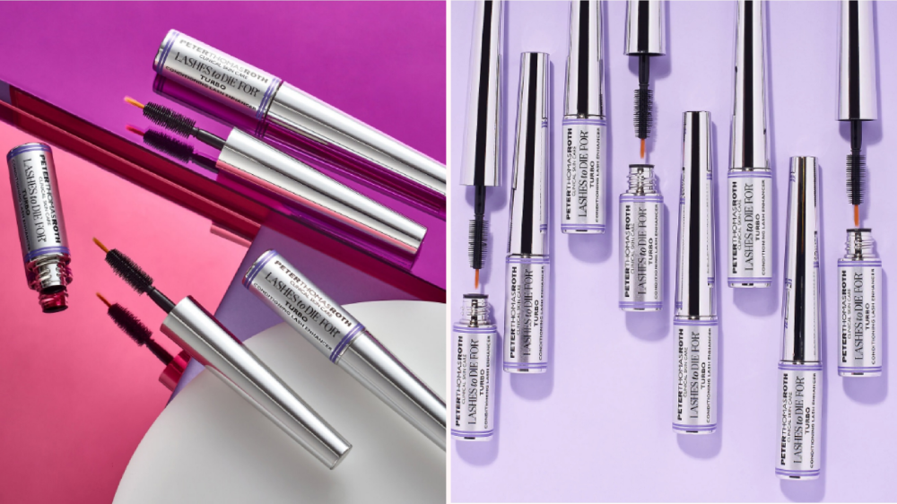 A two-fold image of an overhead shot of a few bottles of Lashes to Die For serum laying opened showing the applicator over a pink and purple reflective surface, and a photo of multiple bottles of the same product laying next to each other over a lilac surface with some of them opened and others closed. 