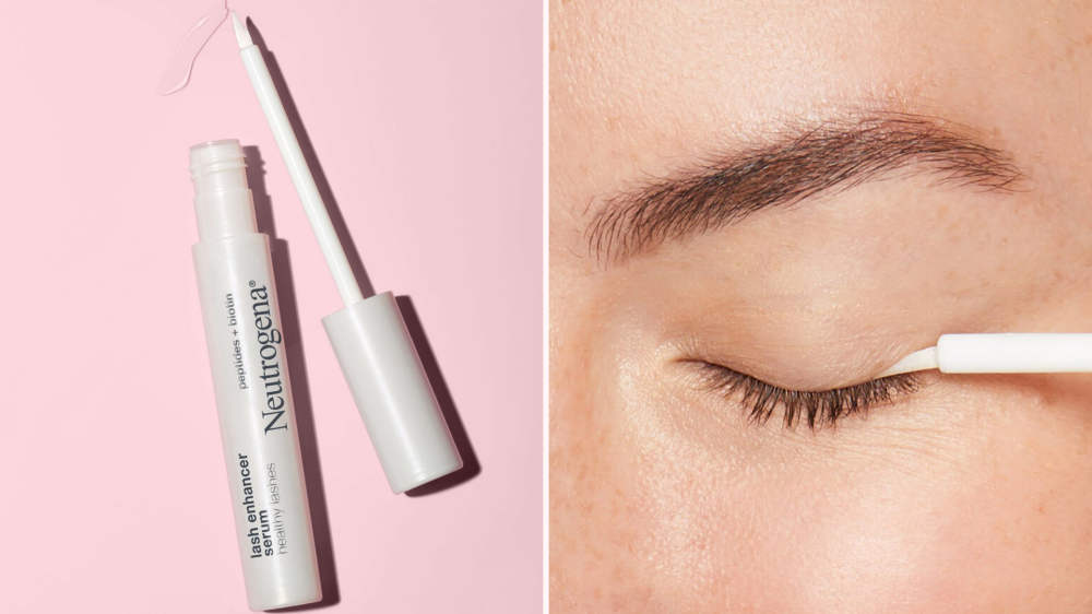 A two-fold image of an overhead shot of a bottle of Lash Enhancer Serum by Neutrogena laying on a pink surface with a streak next to the applicator, and an up-close shot of a woman's closed eye and the applicator tip of the product being swiped over the lash line. 