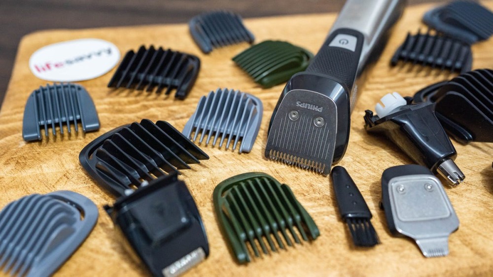 Pubic hair trimmer alongside various multifunctional grooming attachments