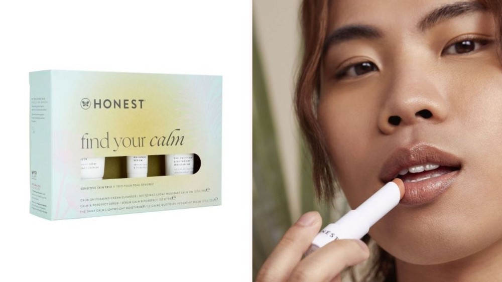 The Find Your Calm gift set and a woman using an Honest Lipstick.