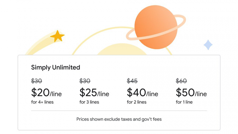 Google Fi's new Unlimited rates start at $50 for one line.