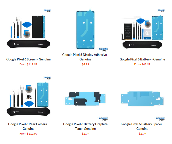 Replacement parts for Pixel 6 on iFixit