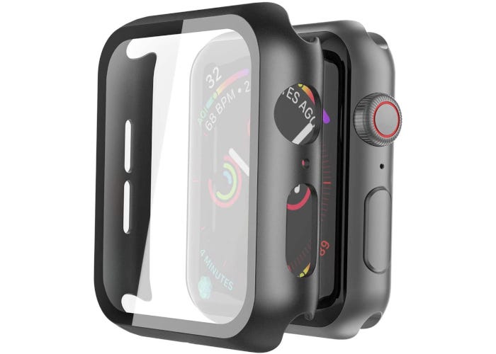 Black Apple Watch case with tempered glass screen protector