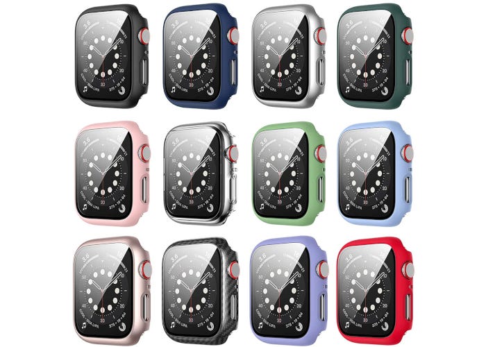 12-pack of Apple Watch cases with tempered glass screen protectors in 12 unique colors