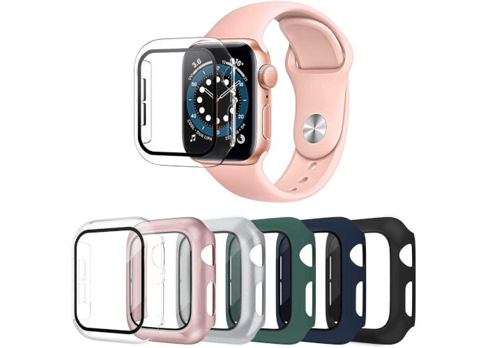 6-pack of Apple Watch cases with tempered glass screen protectors in clear, black, silver, green, blue, and pink