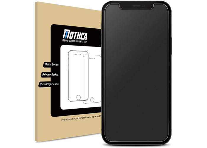 A screen protector on a black iPhone with the packaging in the background.