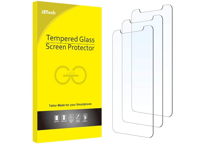 To the left, a bright yellow packaging and to the right, three clear screen protectors.