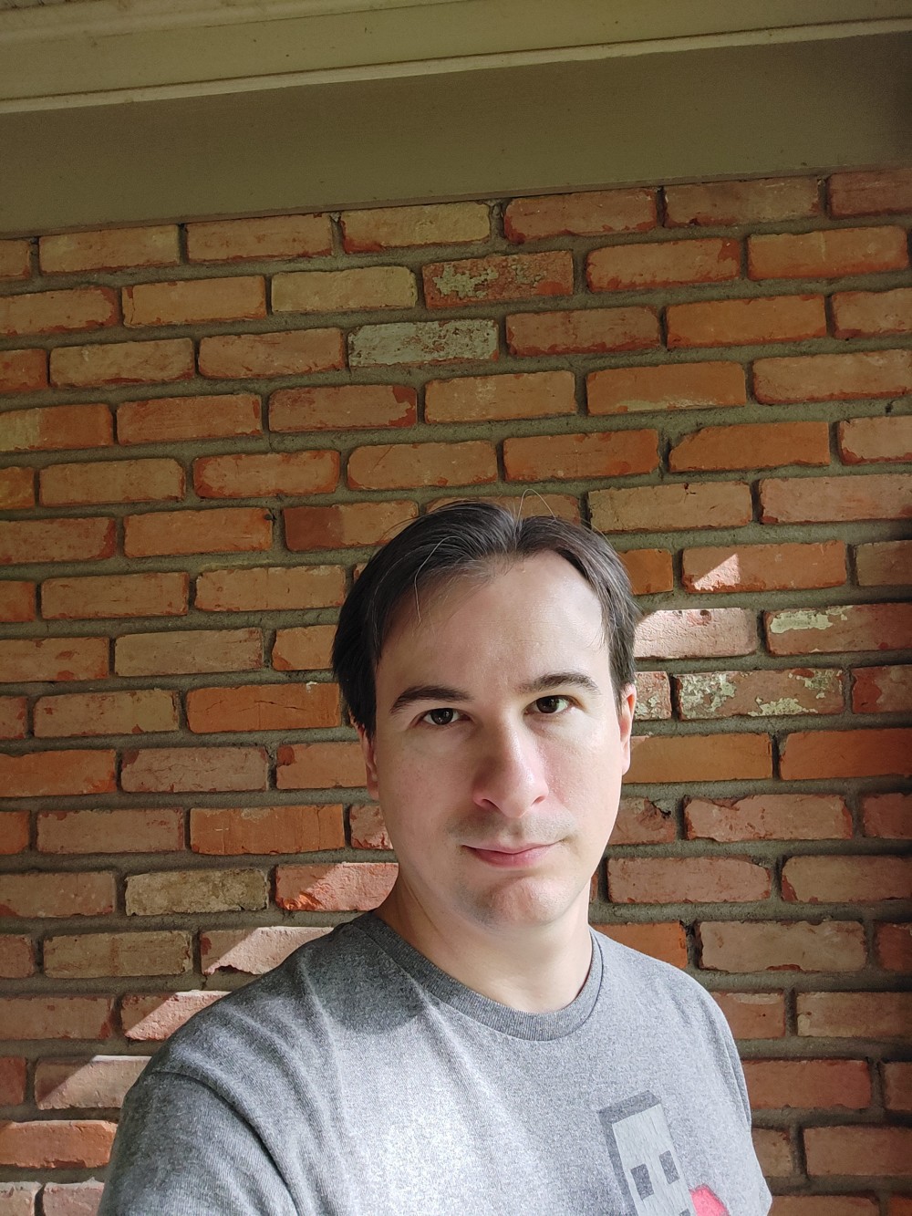 A young man in front of a brick wall