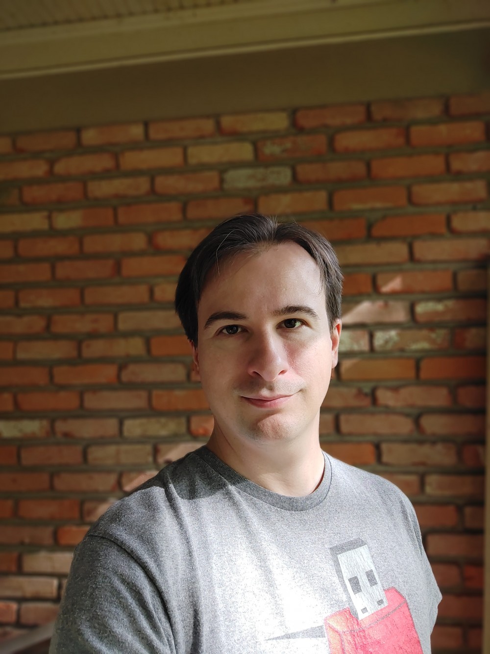 A young man in front of a blurry brick wall