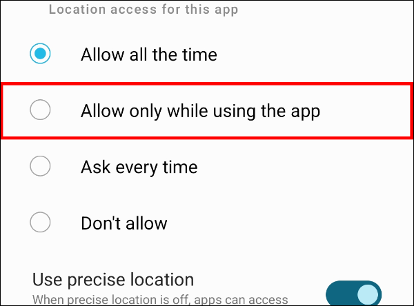 Select the "Allow only while using the app" option