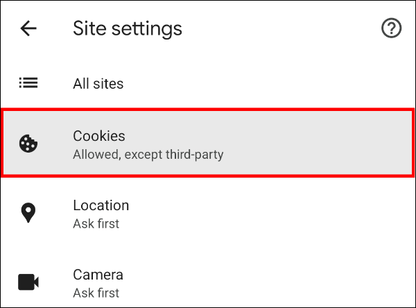 Tap the "Cookies" option