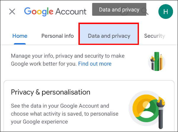 Scroll sideways to the "Data and privacy" tab