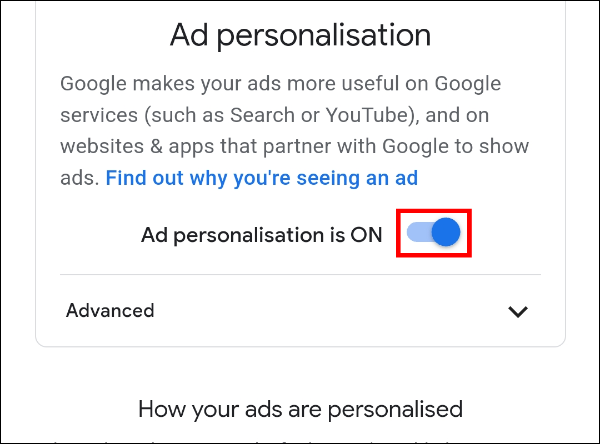 Toggle off ad personalization or simply manage the data points Google uses to tailor the ads you see