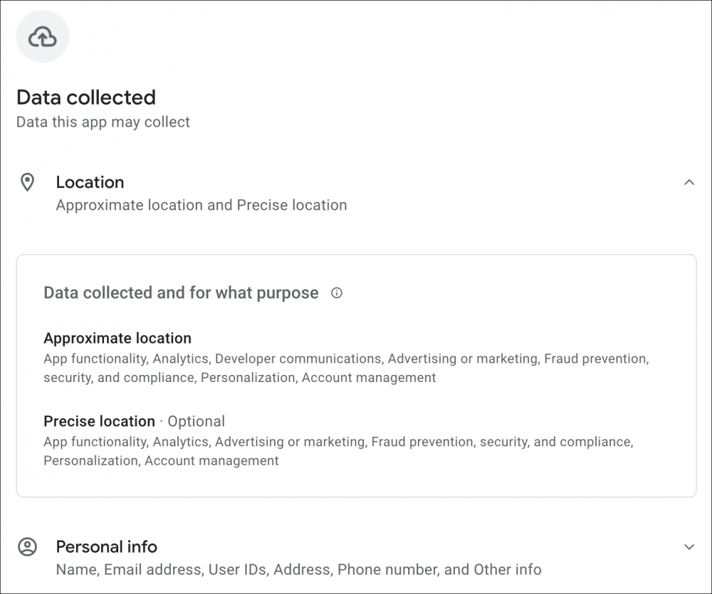 Data safety image showing information about location access and personal info