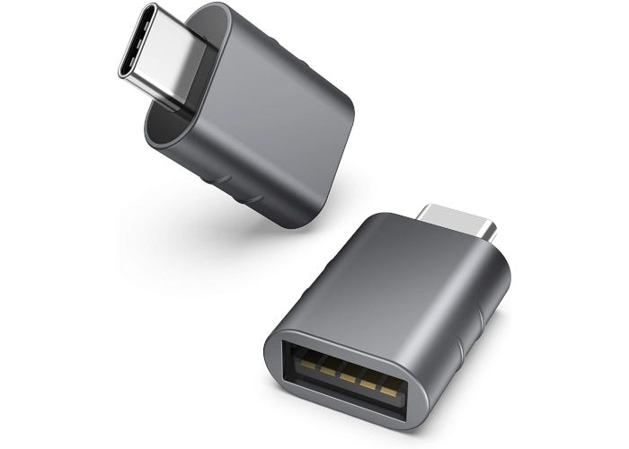 Space grey USB-C to USB adapter show from a top view and side view.