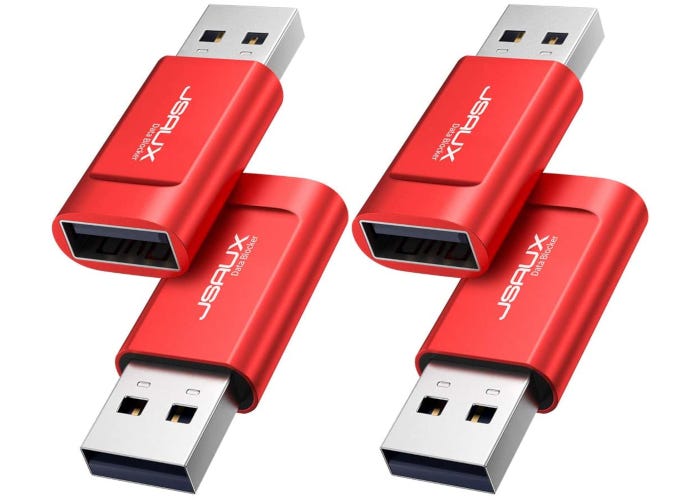 A four pack of red USB to data-only USB 3.0 charging adapters with aluminum shells.