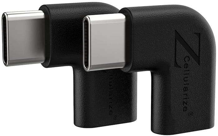 Two-pack black USB-C to USB-C adapters shaped into right angles.