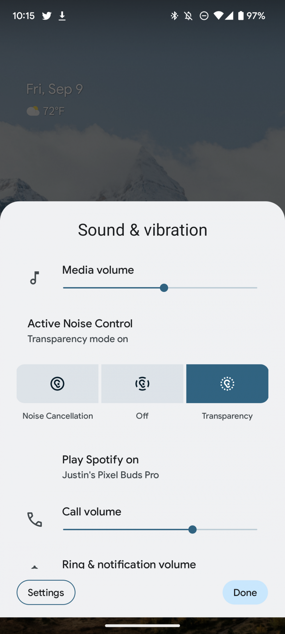 Pixel Buds Pro ANC settings in the expanded Sound & Vibration menu on Pixel 6