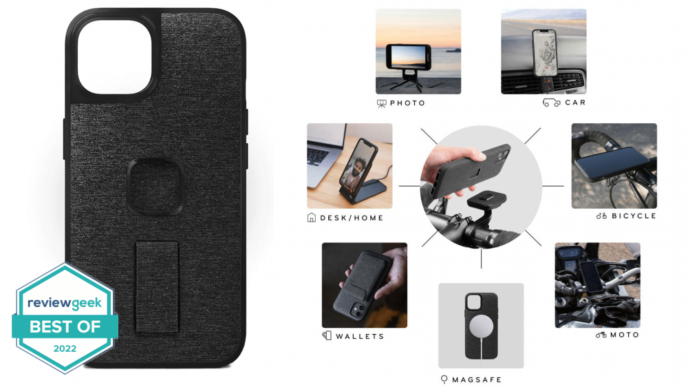 Peak Design Everyday case for iPhone 14, plus some images of Peak Design mounting products.