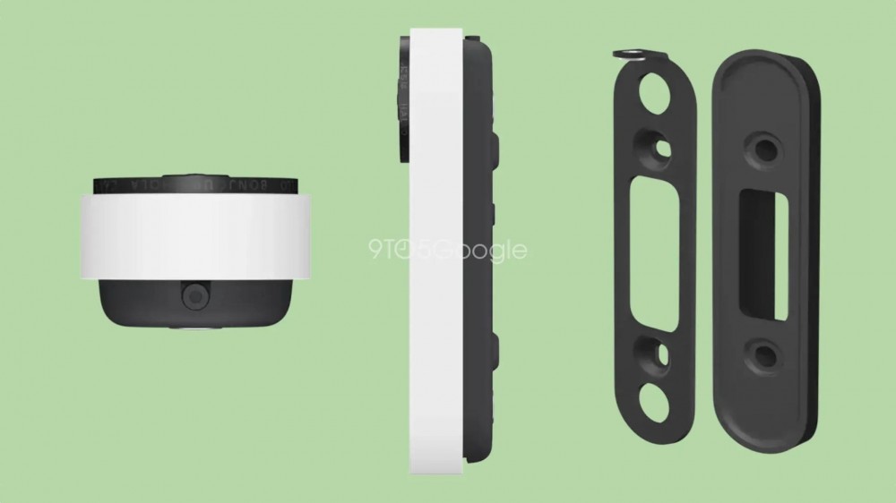 Side and bottom views of the Nest Doorbell (wired) on a green background.