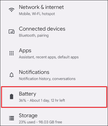 Tap "Battery" in the main Settings menu.