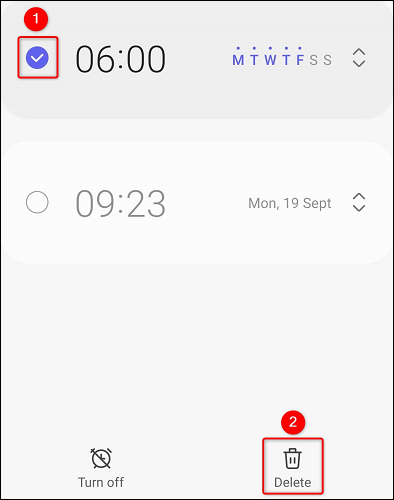Select an alarm and tap "Delete."