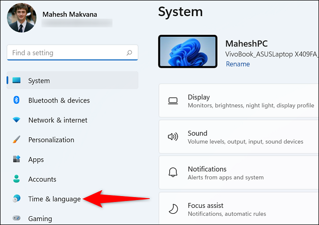 Select "Time & Language" on the left.
