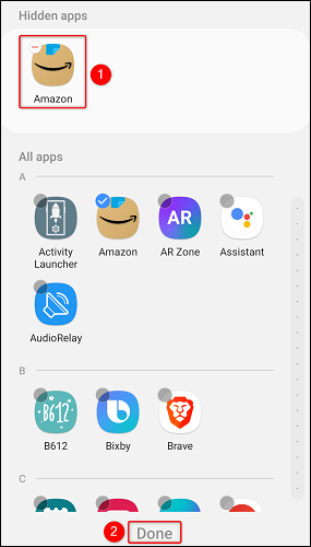 Select the app(s) to unhide and tap "Done."