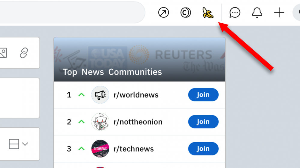 an image of the Reddit menu bar with an arrow pointing at the banana icon.