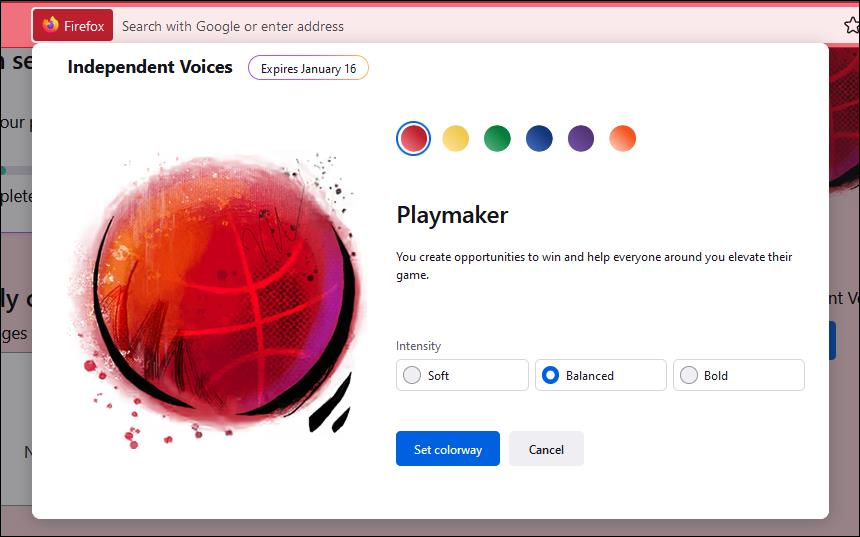 image of "Independent voices" colorway in Firefox