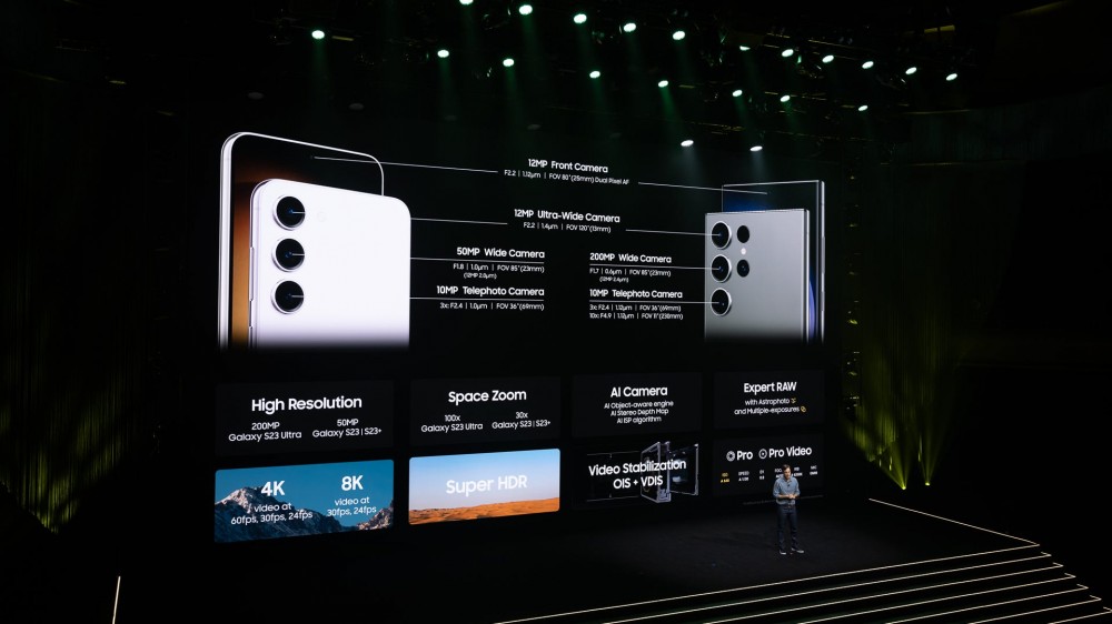 Samsung Galaxy S23, S23 Plus, and S23 Ultra specs on screen at Galaxy Unpacked 2023