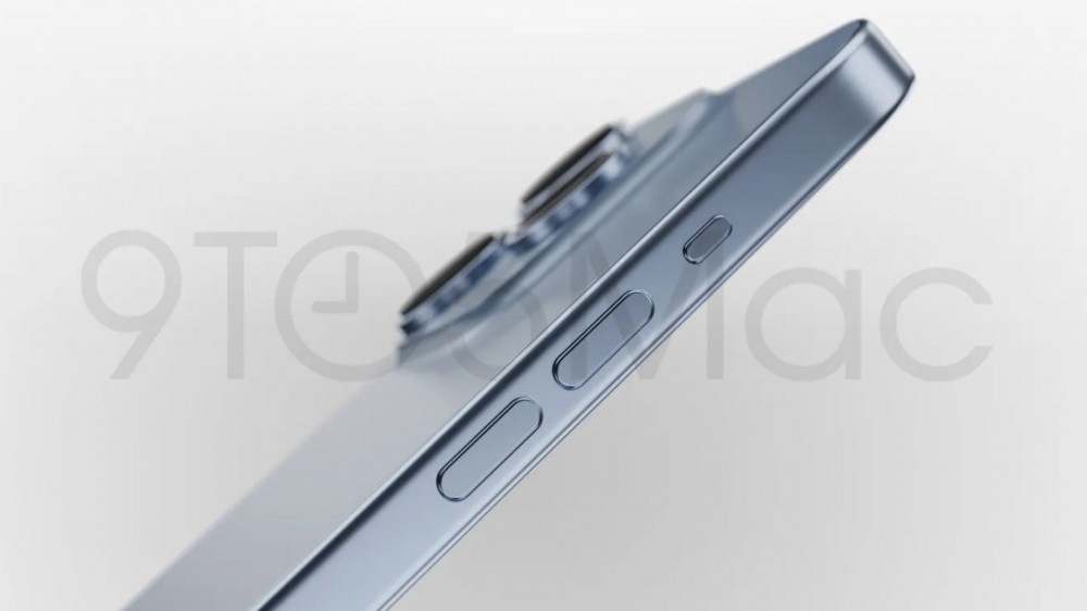 iPhone 15 Pro render with no mute switch.